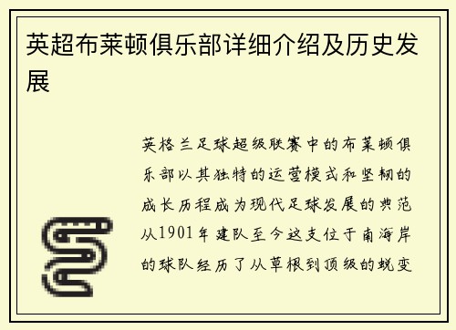英超布莱顿俱乐部详细介绍及历史发展