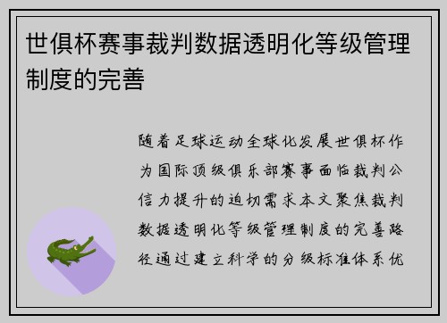 世俱杯赛事裁判数据透明化等级管理制度的完善